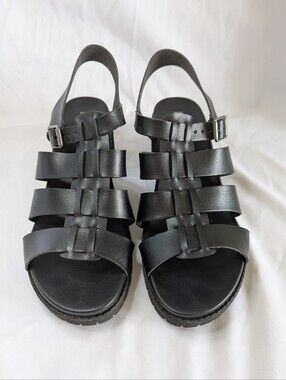 Mia Black Leather Strappy Heeled Sandals